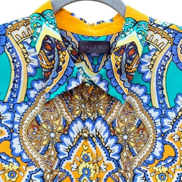 Hale Bob Women's Button Down 100% Silk Multi Color Yellow Blouse Paisley Print M - Picture 2 of 14